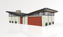 An illustration of a modern single-story house by Max Dalton features a unique angular roof, large windows, and a prominent red garage door. The design resembles a custom-made paper cut-out with a tall chimney and small bushes adorning its white exterior.