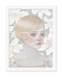 This illustration, in Hsiao Ron Cheng style, shows a woman with short blond hair and a hair clip. She stands calmly against large white flowers, her light top blending softly into the scene like an archival pigment print.