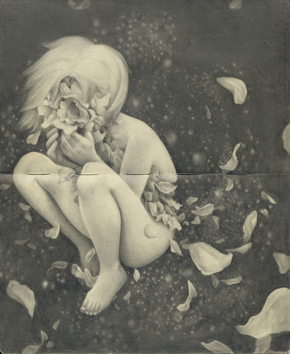 A pencil sketch on Moleskine shows a nude amid scattered petals, its head obscured by arms, with more petals cascading around. The dark background adds to the ethereal vibe in Hsiao Ron Chengs evocative style, creating a scene that seems transient and ready to disappear at any moment.