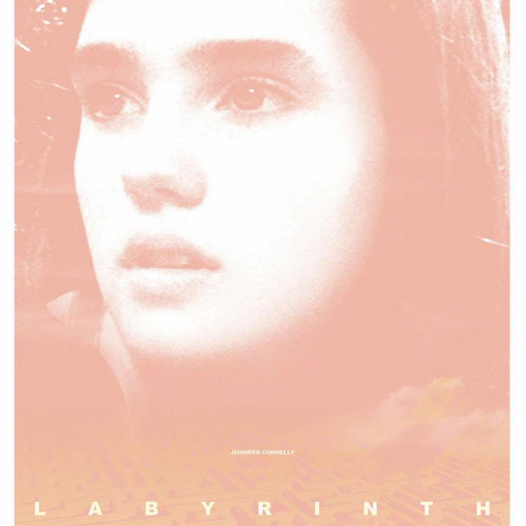 A captivating poster for Labyrinth by Sam Smith, featuring a soft-focus image of a womans face against a warm, pinkish background. The bold Labyrinth text incorporates a subtle maze design and an enchanting glow-in-the-dark layer, evoking the films magic at its Castro Theatre screening.