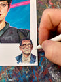 Rich Pellegrino portrait of Rachael from Blade Runner with light blue background and bright pink line accents, with Rich's hand working on a portrait remarque on bottom right corner