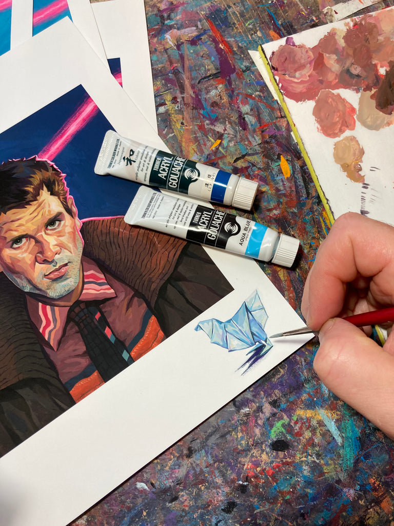 Rich Pellegrino portrait of Deckard from Blade Runner with Rich's hand painting a origami remarque on bottom right corner