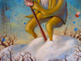 Lucas Gluesenkamp presents a painting of a person in yellow using a walking stick against snow, with leafless branches and an abstract sky featuring blue and orange spots, elegantly framed in custom wax.