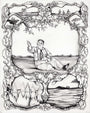 A black-and-white drawing by Irma Rivera showcases a man in a park pointing upward, surrounded by an intricate frame. Expertly penciled on paper, it features smaller scenes of people and landscapes at the top and bottom, reminiscent of a Page of Conflict.