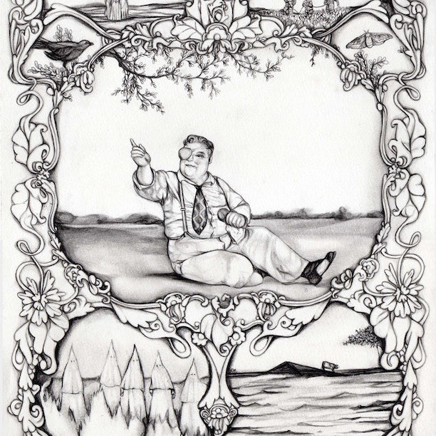 A black-and-white drawing by Irma Rivera showcases a man in a park pointing upward, surrounded by an intricate frame. Expertly penciled on paper, it features smaller scenes of people and landscapes at the top and bottom, reminiscent of a Page of Conflict.