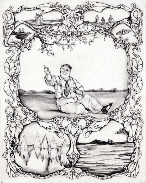 A black-and-white drawing by Irma Rivera showcases a man in a park pointing upward, surrounded by an intricate frame. Expertly penciled on paper, it features smaller scenes of people and landscapes at the top and bottom, reminiscent of a Page of Conflict.