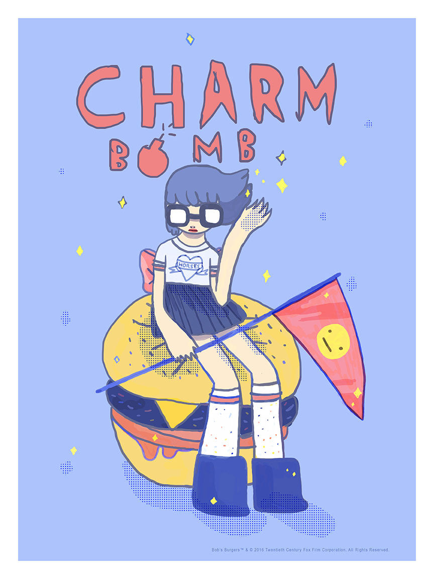 Ivonna Buenrostro, with short blue hair, glasses, and a blue dress, sits on a giant burger waving a smiley flag. CHARM BOMB stands out in bold red against the whimsical light blue background adorned with yellow stars inspired by Bobs Burgers art show.