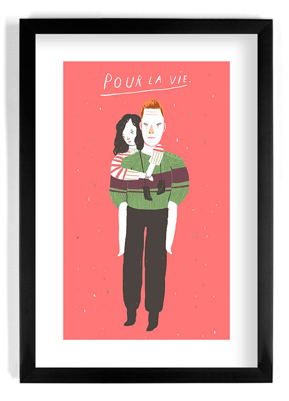 Ivonna Buenrostros fine art illustration features a man in a green sweater with a serious expression, embraced by a long-haired woman. A pink background with scattered dots enhances the scene, topped by Pour La Vie. This piece is available as a limited giclee edition.