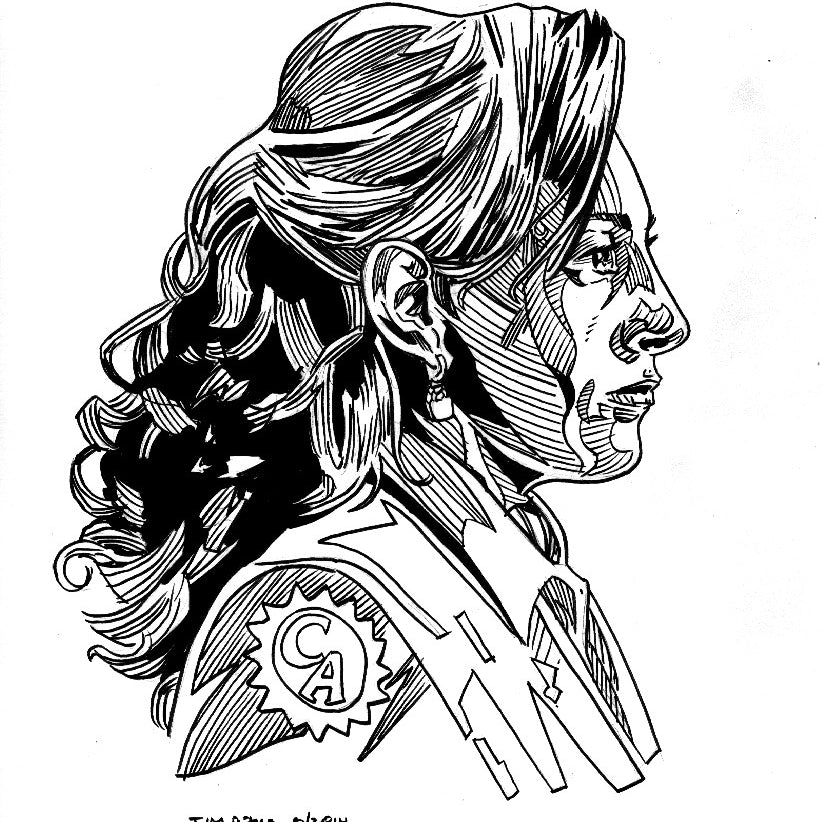 Black and white pen and ink illustration on bristol board by Tim Doyle shows a profile person with wavy hair, detailed shading, a CA star badge on their shoulder, wearing a collared jacket. It includes the artists name and date at the bottom.