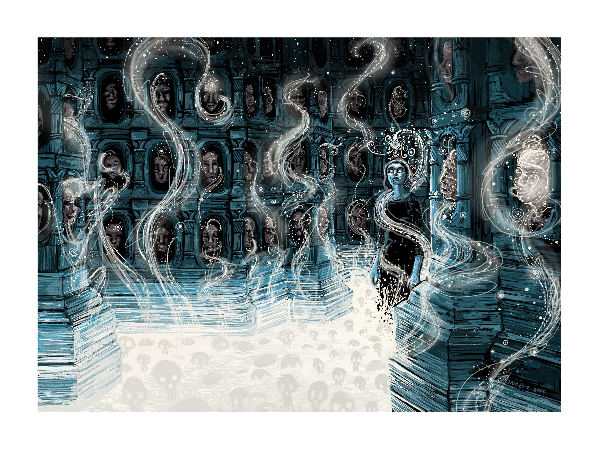 A mystical scene unfolds with a figure in an elaborate Hall of Faces, featuring intricate carvings. Enveloped by swirling ethereal smoke, the enchanting aura is akin to a James R. Eads print, dominated by a blue and white color palette.