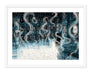 A surreal James R. Eads artwork shows ethereal ghostly figures and portraits on walls in the Hall of Faces. A spectral figure stands centrally among floating shapes, crafting a dreamlike scene in predominantly blue and white hues in archival pigment print form.