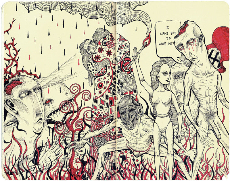 Jason Hernandezs Through Hell & Back features a surreal scene with abstract figures and bold red and black hues. It depicts a central female holding a torch, surrounded by distorted males, with swirling patterns in the backdrop. The caption reads Pencil on Moleskine: I want you to want me.