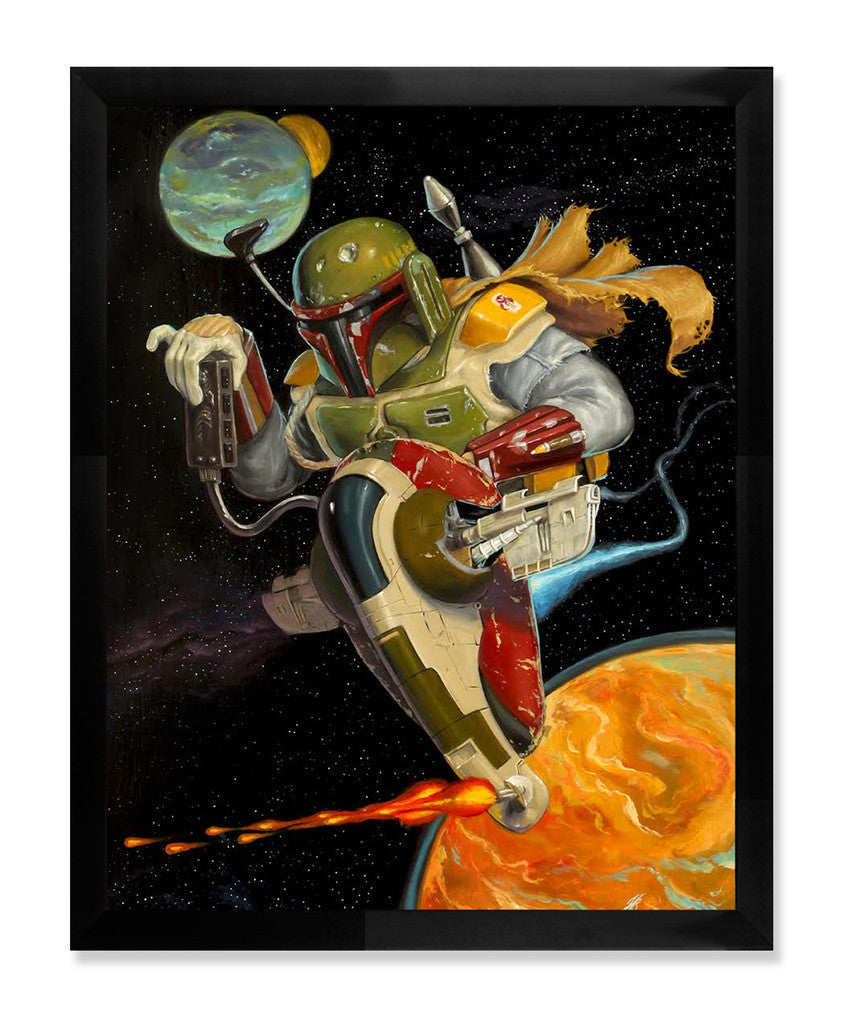 A character in futuristic armor flies through space, weapon ready. The scene features a vibrant orange and yellow planet alongside a smaller Earth-like one against a starry sky. This limited edition fine art piece by Jonathan Bergeron, signed and numbered, captures the thrill of escaping Cloud City.