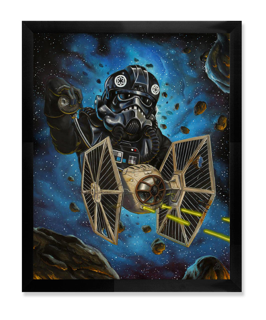 Chasing the Falcon, a Jonathan Bergeron painting, depicts a person in a black helmet piloting a starfighter amid a swirling galaxy of stars and planets. Bright green lasers, in fine art giclee style, shoot dramatically from the spacecraft.