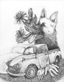 A surreal black and white sketch by John Casey features a vintage car merging with a wolf, whose open mouth releases flowers. Human hands emerge from under the partially transparent car, revealing the wolfs body, while grass grows around it. Meticulously drawn in pencil on panel.