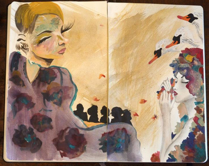 A watercolor painting on Moleskine by Jen Porreca shows two abstract figures: the left has closed eyes and a colorful dress, while the right is surrounded by birds and appears to whisper. The earthy tones dominate with subtle hints of gouache.