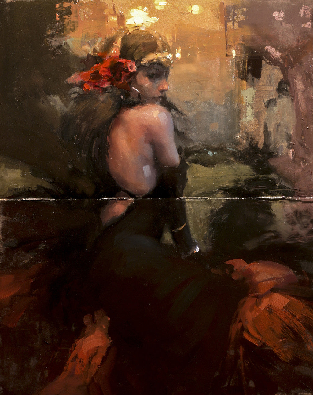 A woman in a backless black dress, gloves, and red flowers in her hair gazes over her shoulder with a soft, painterly feel akin to Jeremy Manns style. This scene evokes the ambiance of a Study for Bacchante at the Moleskine exhibit.