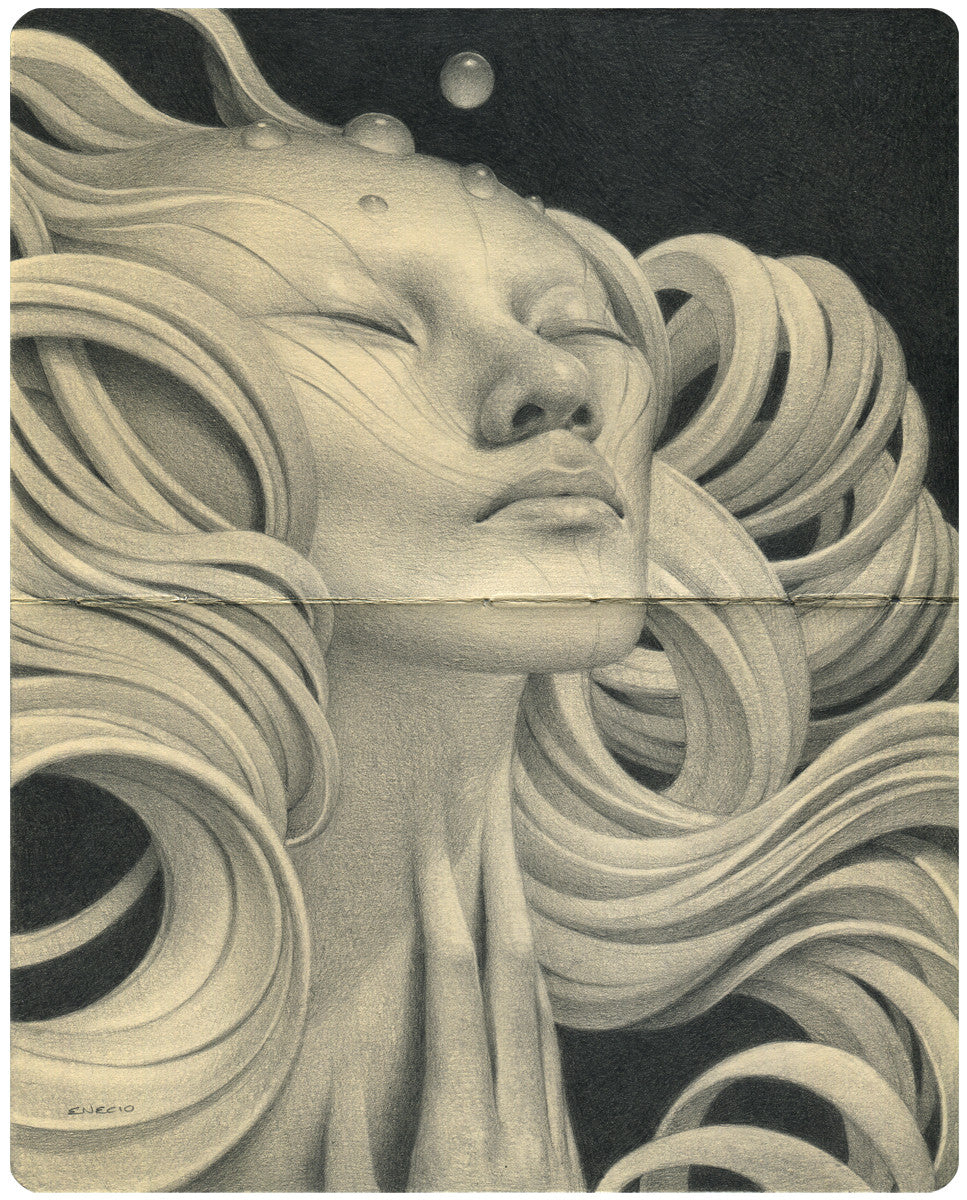 A surreal graphite-style illustration of a person with closed eyes, long swirling hair, and forehead bubbles on a dark background exudes tranquility and otherworldliness. This Moleskine masterpiece is reminiscent of Jeremy Enecios art.