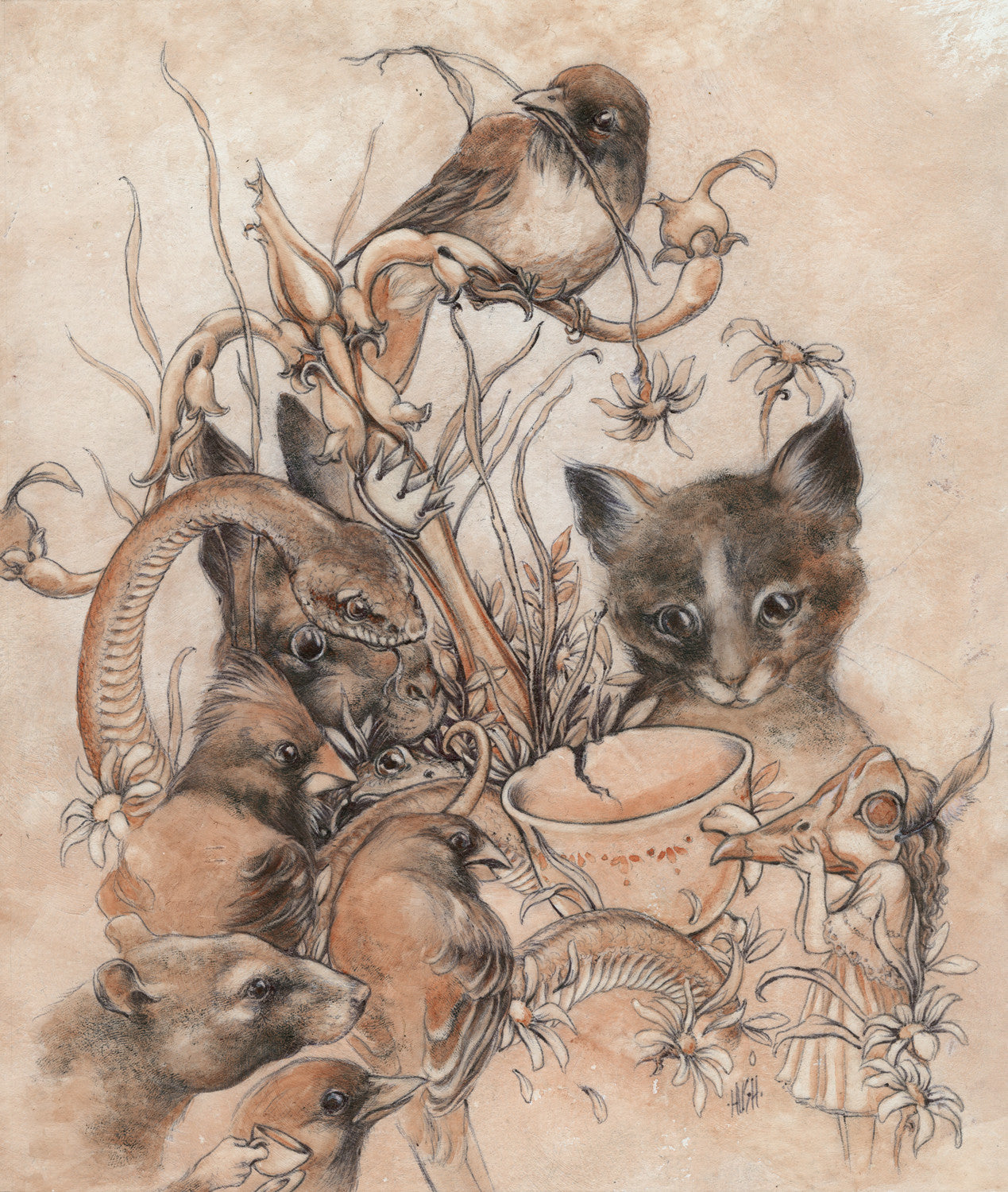 The Curious Guest by Jeremy Hush: A cat among birds, a lizard, and flowers observes a cracked eggshell. This ballpoint pen and watercolor piece employs soft, earthy tones to enhance its intricate details in Hushs whimsical style.