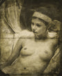 A sepia-toned drawing of a nude woman with long hair and a headband, reminiscent of Jeremy Manns style, gazes thoughtfully to the right. Seated against a fabric backdrop, this tintype echoes classical techniques blending graphite and oil elements.