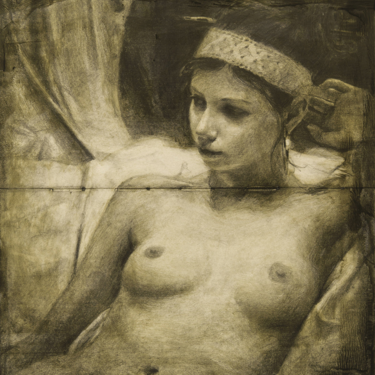A sepia-toned drawing of a nude woman with long hair and a headband, reminiscent of Jeremy Manns style, gazes thoughtfully to the right. Seated against a fabric backdrop, this tintype echoes classical techniques blending graphite and oil elements.