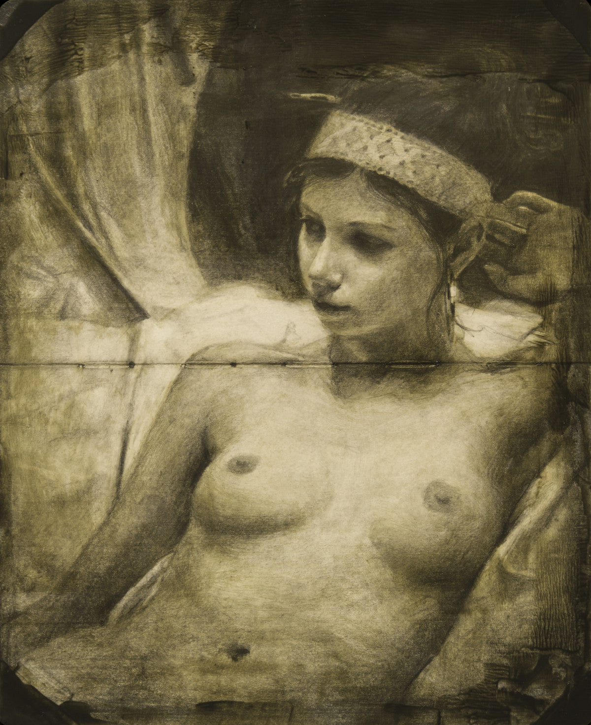 A sepia-toned drawing of a nude woman with long hair and a headband, reminiscent of Jeremy Manns style, gazes thoughtfully to the right. Seated against a fabric backdrop, this tintype echoes classical techniques blending graphite and oil elements.
