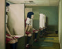 Jolene Lais The Happy Worker, an oil on canvas, portrays booths in a green room with doll-like figures featuring painted faces, black hair, and red and white outfits. The eerie scene has a surreal, repetitive atmosphere.