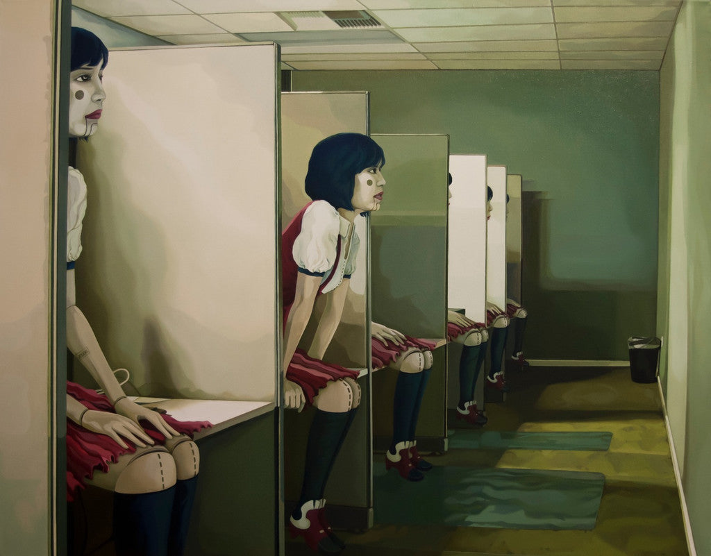 Jolene Lais The Happy Worker, an oil on canvas, portrays booths in a green room with doll-like figures featuring painted faces, black hair, and red and white outfits. The eerie scene has a surreal, repetitive atmosphere.