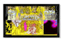 Kristina Collantes offers a surreal, colorful archival pigment print with abstract, fantastical elements. It depicts two figures amid a chaotic yellow and black background with intricate designs and bright patterns, all framed in black.