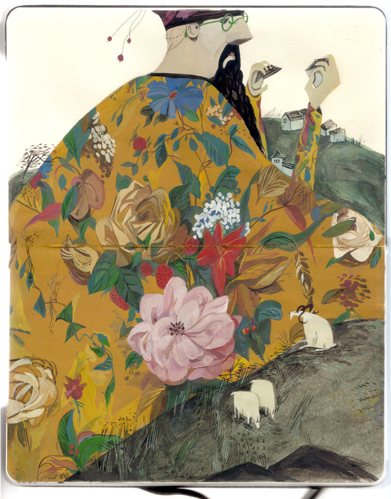 An illustration of a man in a floral robe seated on a hillside, holding a tiny house, evokes Jon Laus style. Sheep graze below, with small houses in the background, captured in Emperor Gouaches quiet elegance.