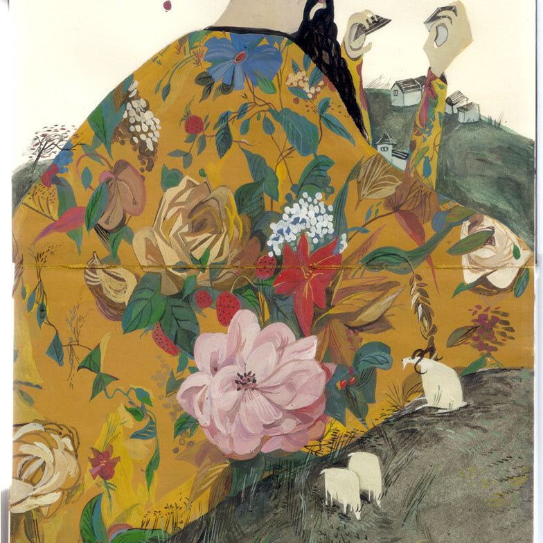 An illustration of a man in a floral robe seated on a hillside, holding a tiny house, evokes Jon Laus style. Sheep graze below, with small houses in the background, captured in Emperor Gouaches quiet elegance.