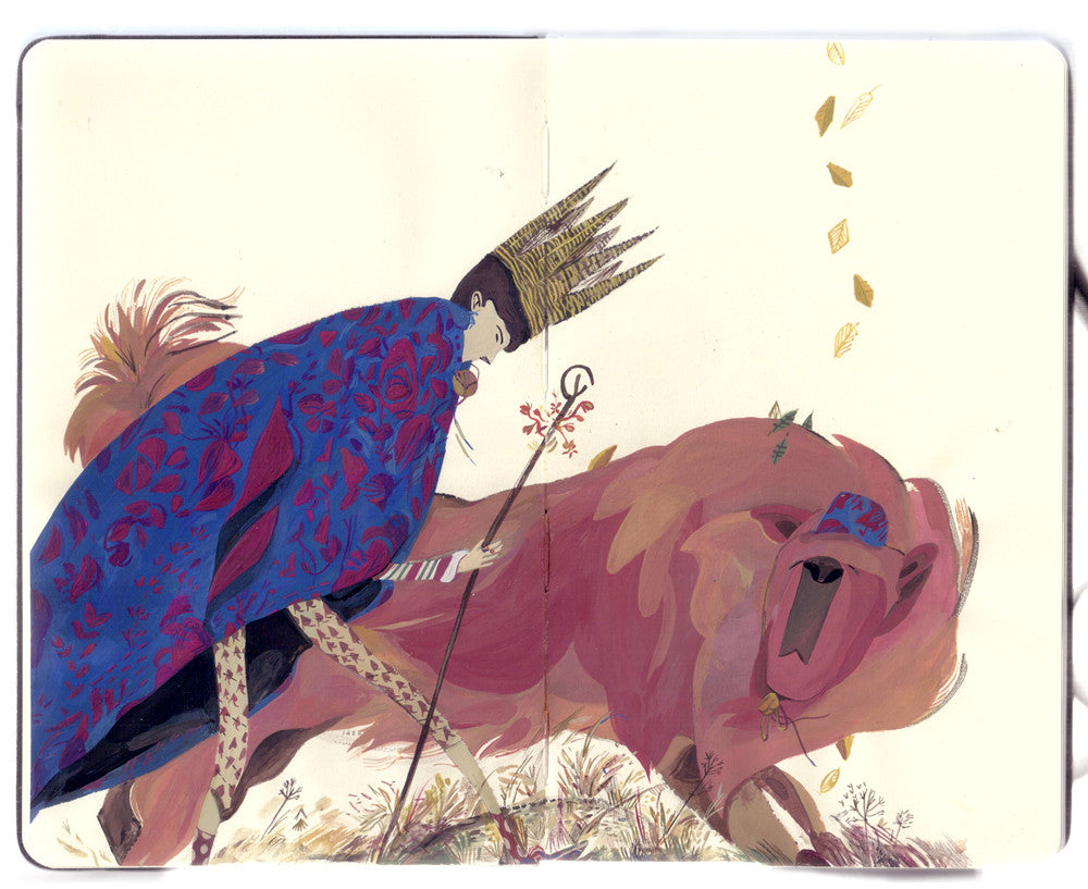 An illustration by Jon Lau shows the Wicker Prince in a blue cloak and ornate crown leaning over a lion-like creature. He holds a staff as gold leaves drift down, all set on a white background. The artwork is gouache on Moleskine, captured in Laus signature style.