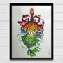 Joshua Budichs framed artwork showcases a vibrant fantasy scene with a fiery castle amidst clouds and mountains. Below lies a lush landscape, with an eye-like symbol and ancient tree roots evoking the spirit of Lord of the Thrones.