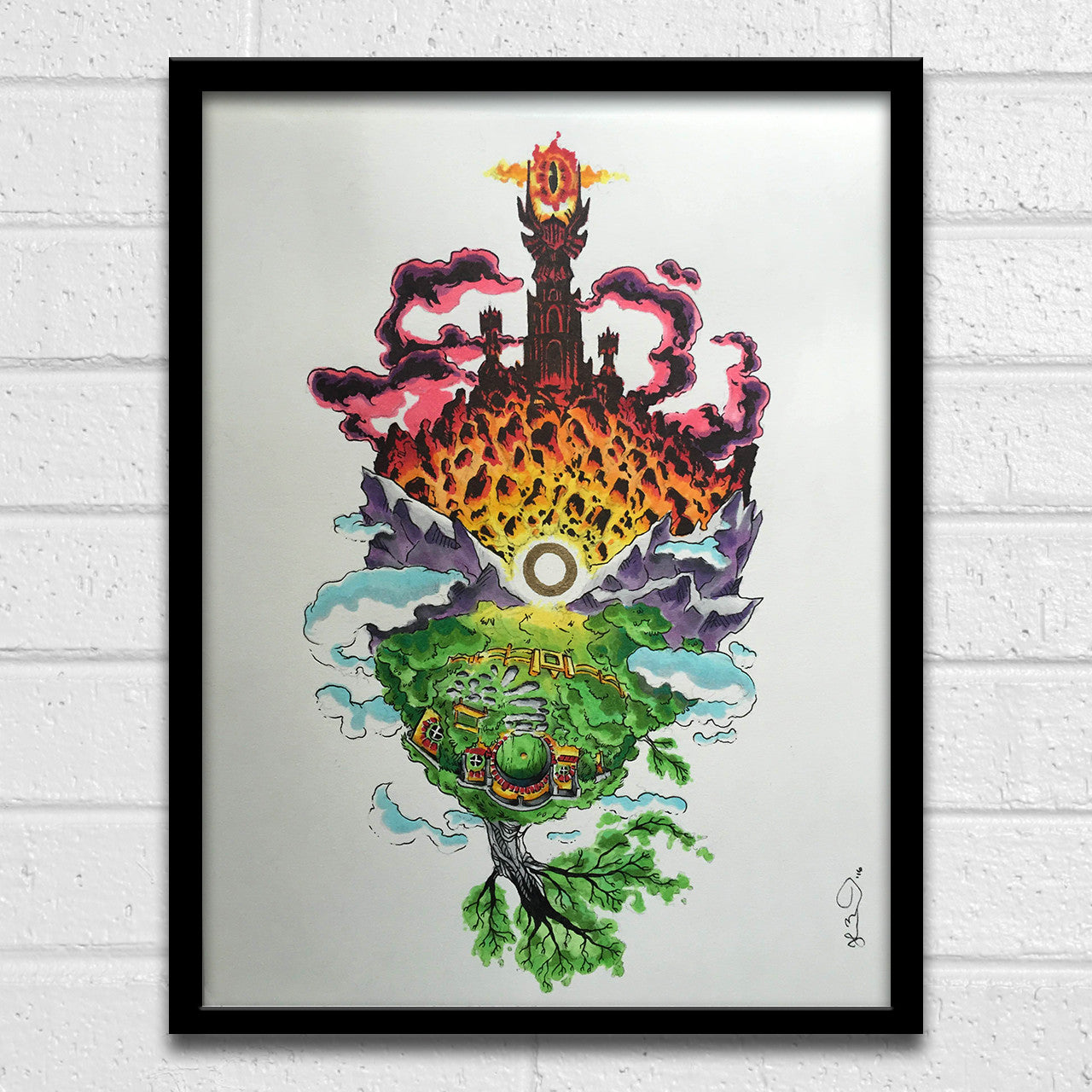 Joshua Budichs framed artwork showcases a vibrant fantasy scene with a fiery castle amidst clouds and mountains. Below lies a lush landscape, with an eye-like symbol and ancient tree roots evoking the spirit of Lord of the Thrones.