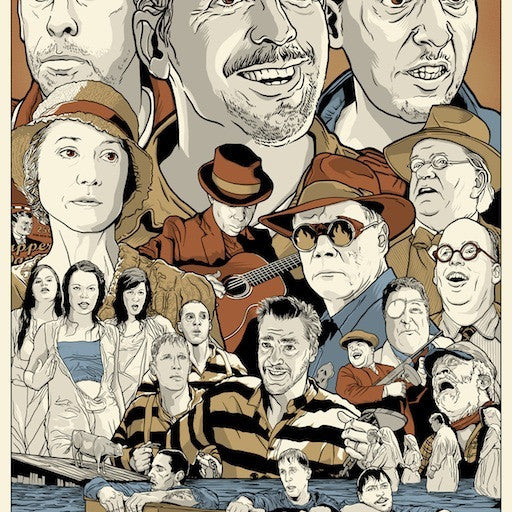 Joshua Budichs illustrated poster for O Brother, Where Art Thou? displays stylish portraits of characters, with central figures in striped shirts and hats against a scenic background. The films title is elegantly positioned at the bottom.