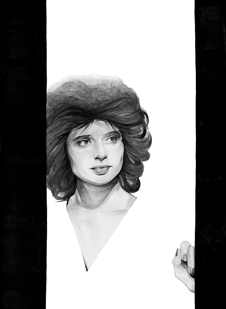 A black and white illustration in the style of Kate Copeland features a woman with curly hair gazing left. Her face and shoulders are detailed, fading into abstract watercolor-like forms on Bristol board, with a partially visible hand on the right edge.