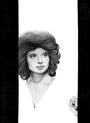 A black and white illustration in the style of Kate Copeland features a woman with curly hair gazing left. Her face and shoulders are detailed, fading into abstract watercolor-like forms on Bristol board, with a partially visible hand on the right edge.
