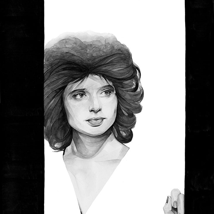 A black and white illustration in the style of Kate Copeland features a woman with curly hair gazing left. Her face and shoulders are detailed, fading into abstract watercolor-like forms on Bristol board, with a partially visible hand on the right edge.