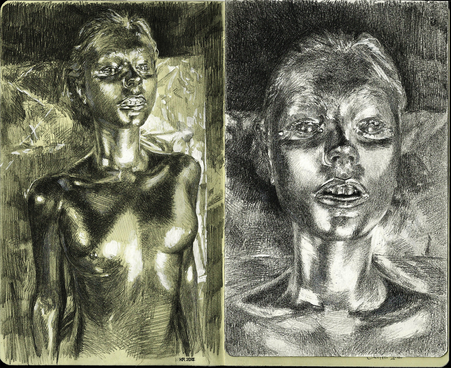 Two Moleskine sketches by Kemp Remillard show a person with metallic skin: the left features a detailed standing pose, while the right offers a facial close-up, both highlighting reflective surfaces and dramatic contrasts.