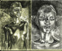 Two Moleskine sketches by Kemp Remillard show a person with metallic skin: the left features a detailed standing pose, while the right offers a facial close-up, both highlighting reflective surfaces and dramatic contrasts.