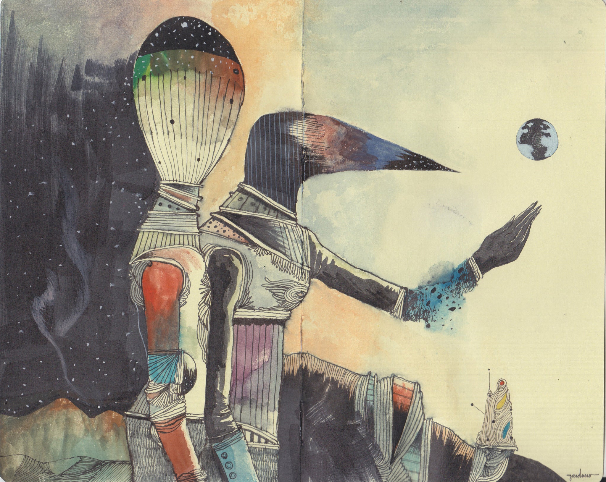 Two abstract humanoids with elongated heads gaze at a small Earth, one pointing with a cosmic-patterned sleeve. Crafted in Ken Gardunos signature ink & gouache style, the scene blends cosmic and earthly elements, featuring a snail beneath a starry sky. Brand Name: Ken Garduno.