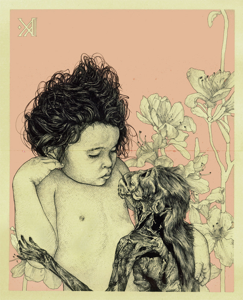 A child with curly hair holds a skeletal figure, styled distinctly like Kikyz1313s art. The scene is set against a soft pink background with floral elements and a Moleskine sketch feel, highlighting the contrast between the figures and flowers.