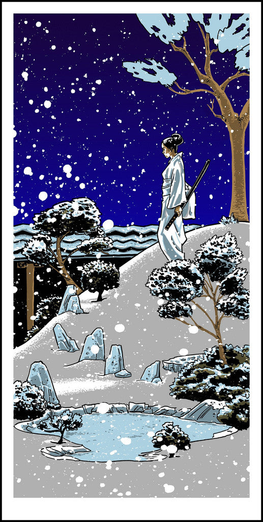 A person in a white robe stands on a snowy hill, sword in hand, under a starry night sky. Snow-covered trees and rocks surround a small pond. This serene winter scene mirrors The Swan Song of Oren-Ishii, reflecting its essence as if it were Tim Doyles signed and numbered screen print.