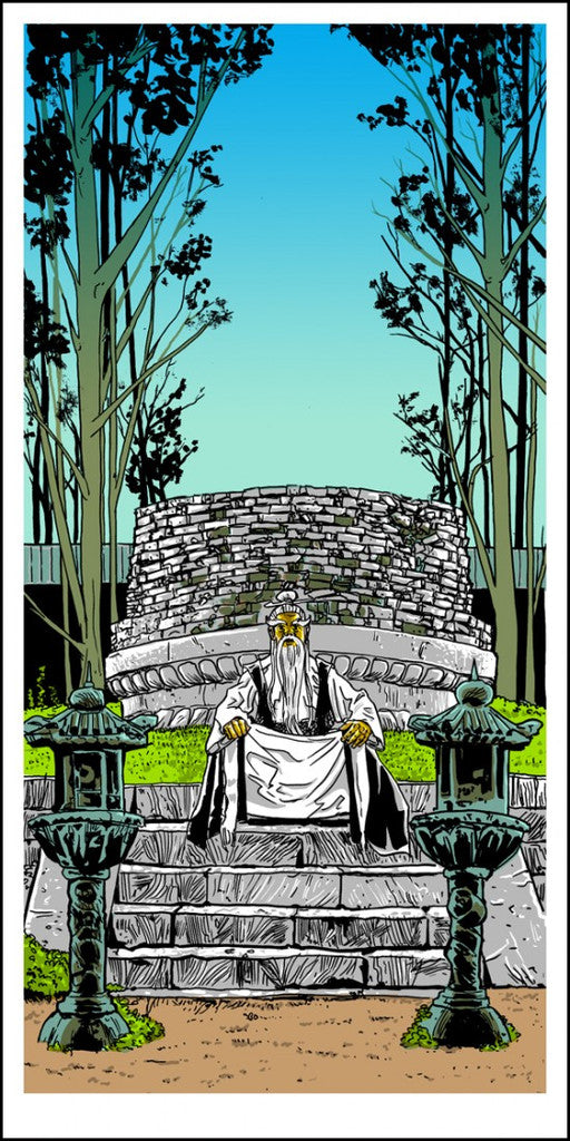 An elderly man with a long white beard sits on a stone bench in a peaceful outdoor scene, reminiscent of Tim Doyles artwork. Dressed in robes, hes beside two Japanese stone lanterns with tall trees and a structure nearby under the clear blue sky, as if seeking wisdom from nature.