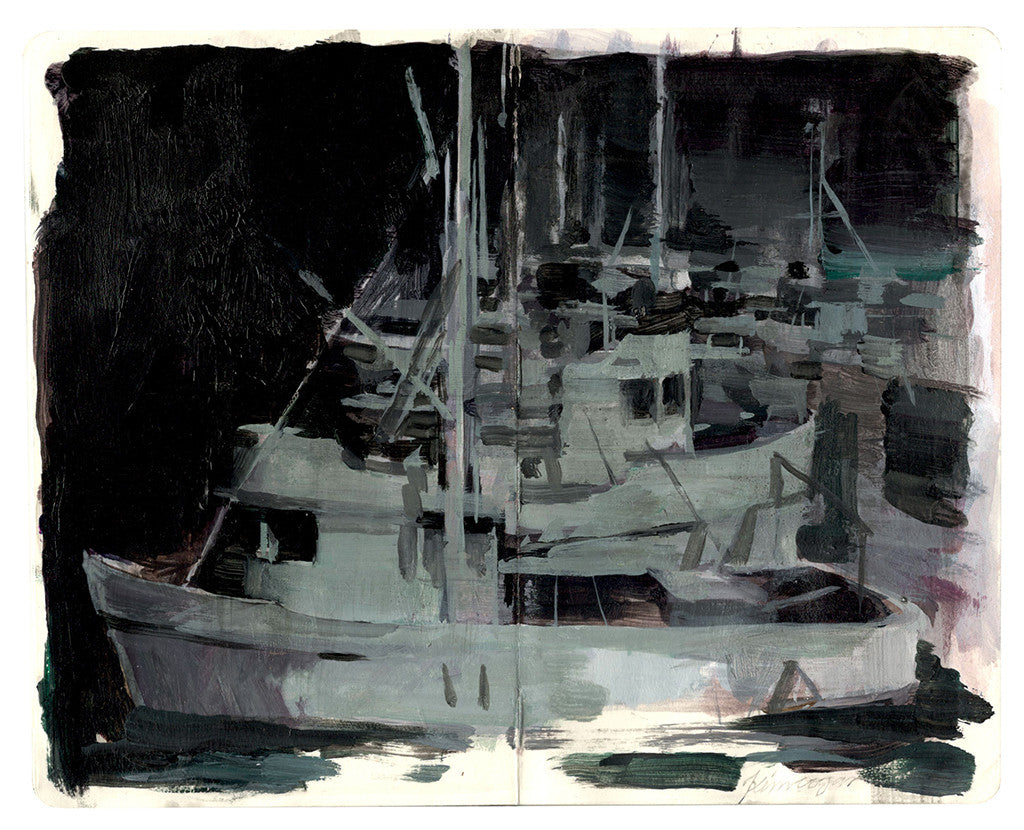 A Kim Cogan-style painting of docked boats at night features a harbor scene in dark, muted hues with indistinct details, capturing fishing vessels merging into the background and highlighting their silhouettes.