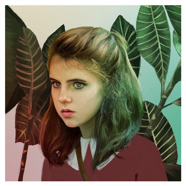 Kemi Mais digital portrait depicts Suzy, a girl with long brown hair in a red top and white collar, standing before large tropical leaves. The softly gradient background of the archival pigment print creates a serene atmosphere.