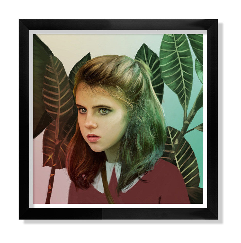 This Kemi Mai digital painting of Suzy portrays a brown-haired girl in a red top with a white collar. Her thoughtful expression contrasts vividly against lush green leaves. The archival pigment print is elegantly framed in black, capturing her contemplative mood.
