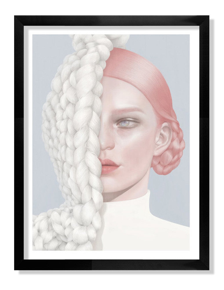 This archival pigment print by Hsiao Ron Cheng depicts half a face hidden by a white braid, revealing pink hair in a low bun and subtle makeup against a soft grayish-blue backdrop.