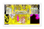 Kristina Collantes abstract artwork features vibrant yellow and pink tones with intricate patterns surrounding central seated figures, blending nature and imagination in surreal scenes. Available as an archival pigment print for lasting vibrancy.
