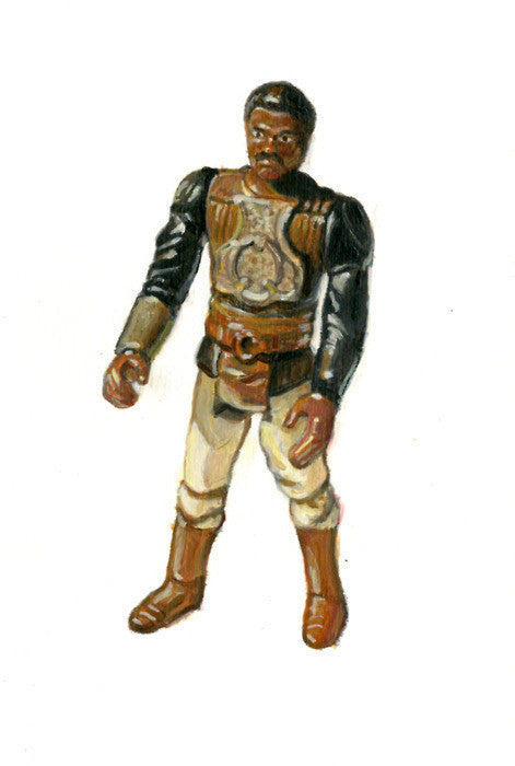 A Lando as Skiff Guard action figure by Allan Innman is set against a plain backdrop, framed in black and brown. It wears boots and gloves, posed upright with a slightly bent arm, capturing its detailed face like an oil on paper painting.